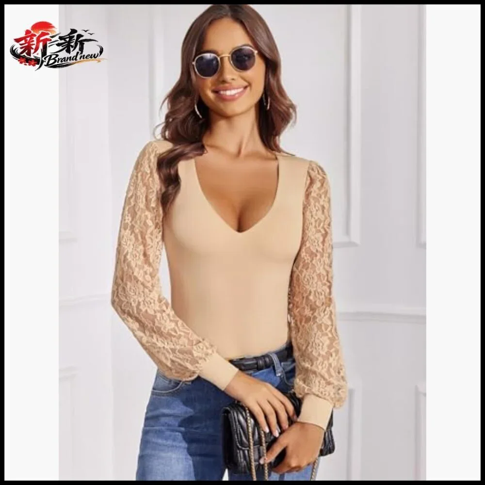 Long Sleeve Bodysuit Double Lined V Neck Lace Puff Sleeves Thong Leotard